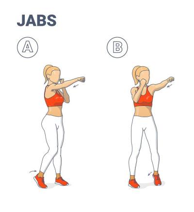 女孩做Jabs运动健身家庭锻炼指导插图。女子拳击运动，刺拳