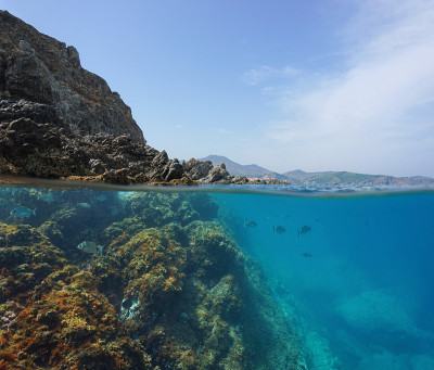 地中海多岩石的海岸，水下有鱼