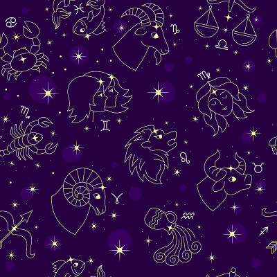 十二生肖图案。星座符号为纺织品设计项目宇宙之星双子座摩羯座水瓶座巨蟹座狮子座最近无缝背景