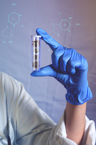 一个生物学家拿着一个装有病毒的试管，一只手放在医用手套里，一个化学公式的片段在背景中写着，概念