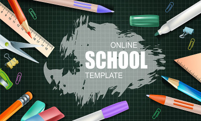 网上学校模板。网络学校和数字在线课程，在线学习。社会距离的概念。矢量图