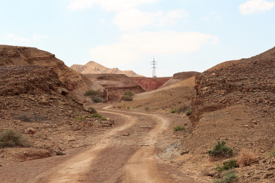 以色列内盖夫沙漠Makhtesh Ramon火山口的越野道路和山