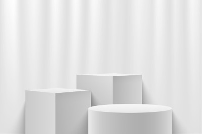 现代网站上产品的抽象立方体和圆形展示。背景渲染裙房和最小的白色纹理墙场景，3d渲染几何形状的白色和灰