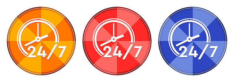 24/7 clock icon burst light round button set illus