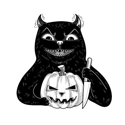 不祥的魔鬼黑猫与万圣节南瓜和刀。平面卡通人物孤立在白色背景