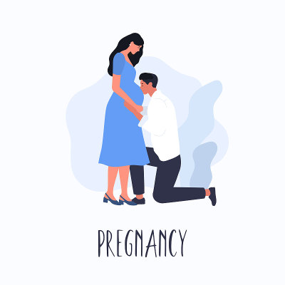 快乐怀孕的夫妇。丈夫亲吻怀孕的肚子。向量