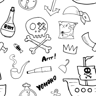 无缝图案。可爱的海盗物品草图。手绘卡通矢量插图