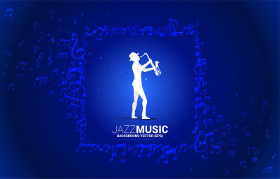 矢量音乐旋律音符流淌与人与萨克斯。
