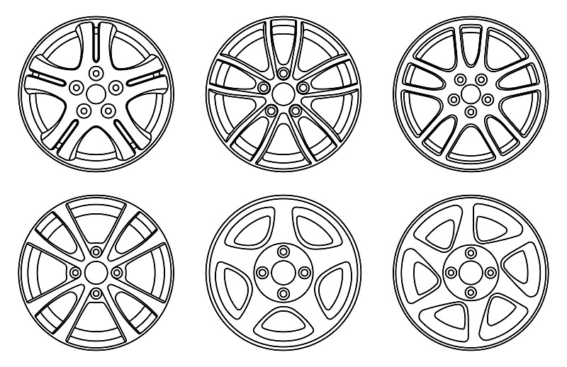 汽车轮辋图标集。汽车零件。向量细线