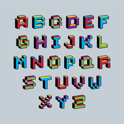 向量现代科技字母集。几何像素化数字字体，3d点分8位字符。