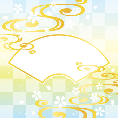 樱花、扇子和流水图案的插画