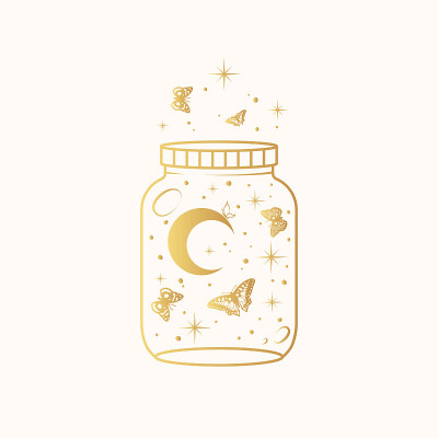 有月亮、星星和蝴蝶的天上神秘坛子。玄妙的金色设计元素孤立于白色之上。波西米亚风格的矢量插图。