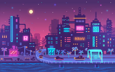 像素艺术赛博朋克都市背景。