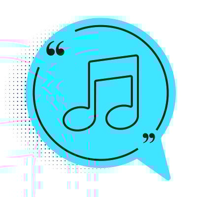 黑线音乐音符，音调图标孤立在白色背景上。蓝色语音气泡符号。矢量图
