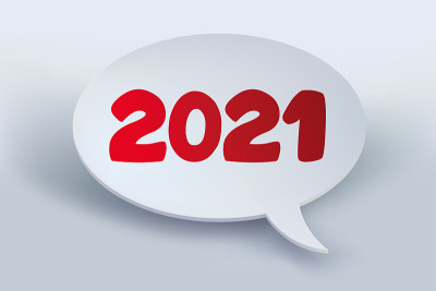 2021年的贺卡以幽默的口吻呈现了他最好的祝福，带有漫画泡泡。