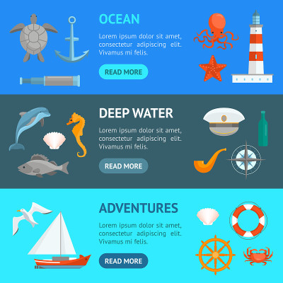 Cartoon Color Sea Banner Horizontal Set. Vector