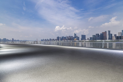 全景天际线和现代商业办公建筑与空的道路，空的混凝土广场地板