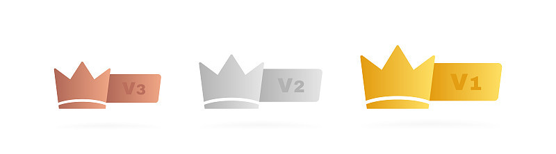 设置金、银、古铜色VIP徽章。皇冠标签有三个vip级别。现代的矢量图