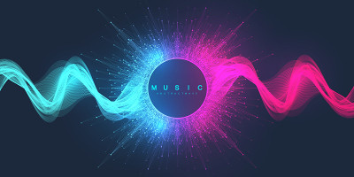 抽象的背景音乐。音乐波浪海报设计。声音飞行与抽象梯度线波，矢量概念