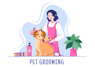 宠物美容的狗和猫在平面卡通手绘背景插图。用于美容院海报或横幅的主要工具