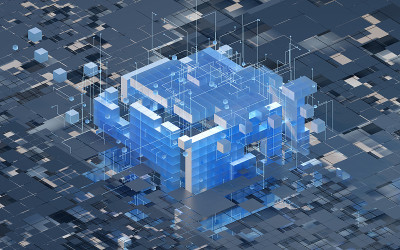 半透明渐变立方体和材料，3d渲染。