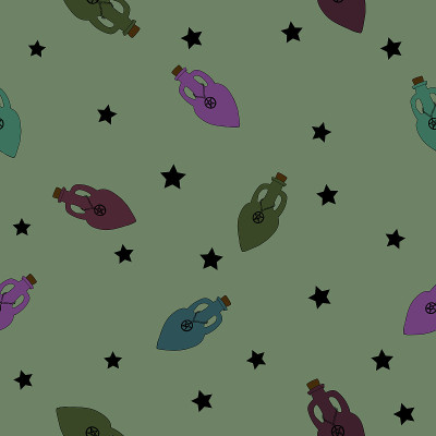 Magical bottle for potion and stars. Seamless patt