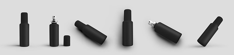 一套模型的黑色塑料瓶与一个雾化器，一罐喷雾液体，香水，孤立的背景。