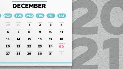 墙上挂历上美丽的12月页的特写，2021年的圣诞节日期