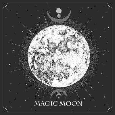 现代魔术魔术卡与占星满月。月亮的写实手绘插图