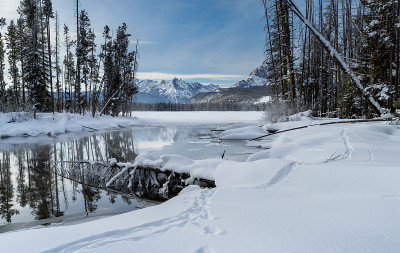 美丽的冬季景色，雪和河流通往山区