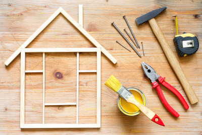 家居装修施工diy抽象背景与工具木板