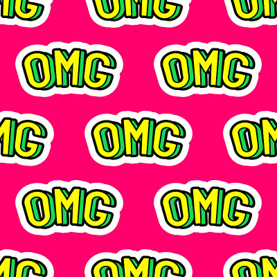 在亮粉色的背景上用“OMG”(“哦，我的上帝!”)作为无缝的图案。文本补丁矢量壁纸。80-90年代古