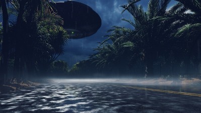 一个外星不明飞行物飞过高速公路。用于科幻、未来、幻想或星际背景。三维渲染