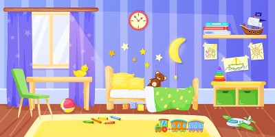 孩子的卧室。卡通幼儿园儿童卧室内设家具和玩具。儿童房，儿童保育室为男孩或女孩矢量插图