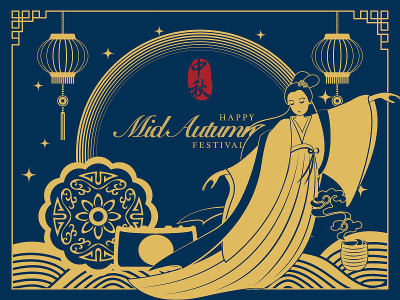 复古风格的中国中秋节可爱的兔子和美丽的女人嫦娥的传说。中文:中秋节