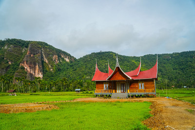 米南卡堡房子或鲁玛加当在美丽的风景哈劳山谷与山谷和草的看法，西苏门答腊岛，印度尼西亚。美丽的米南卡堡