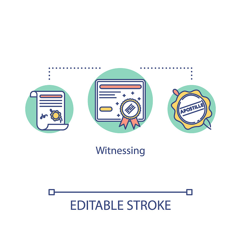 目睹概念图标。确认证词。批准的证据。有效的文档。法院的证据。法意细线插图。矢量隔离轮廓RGB彩色绘图