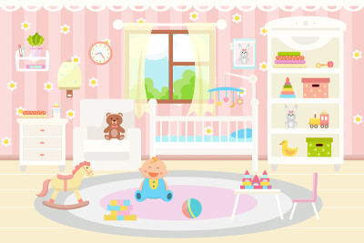 婴儿房间内部。有玩具、婴儿床、扶手椅和小地毯的婴儿房