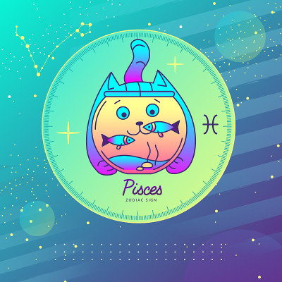 带有双鱼座星座的现代魔法魔法卡。卡通星座。有趣的猫