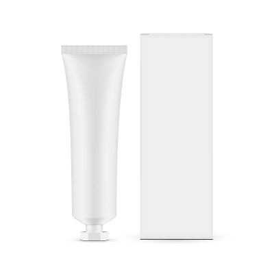 塑料化妆品管模型与螺旋盖和纸盒前视图，孤立在白色背景