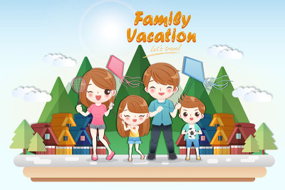 可爱卡通家庭旅游
