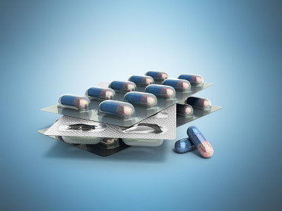 药丸包装泡罩3D插图在蓝色