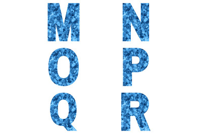 字母m, n, o, p, q, r由蓝色的五彩纸屑背景制成。