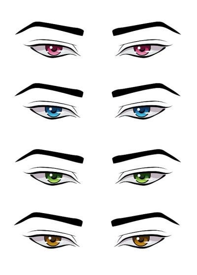Male anime style eyes in different colors.