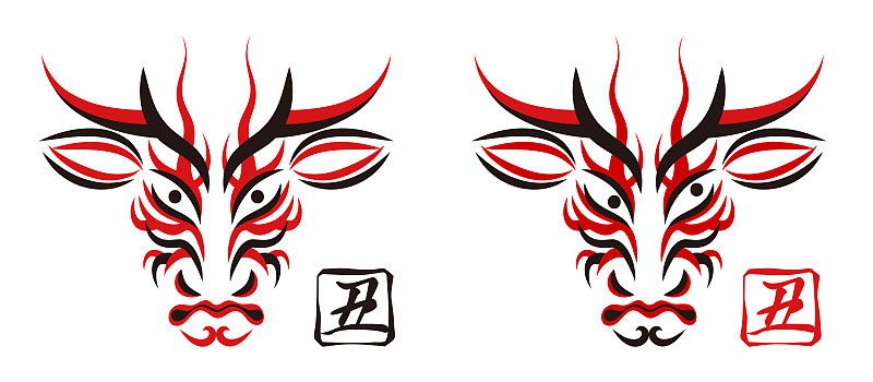 贺年卡材料Ushi脸谱设计日本传统表演艺术歌舞伎脸谱化妆化妆化妆插画集矢量贺年卡牛脸设计日本传统表演