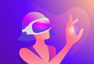 佩戴虚拟现实护目镜的女性，具有虚拟现实矢量插图的3d经验。Metaverse和区块链3D体验技术概念