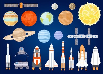 空间元素。太阳系的行星，太阳，宇宙飞船，火箭，卫星，火星和月球车。宇宙探索。卡通宇宙向量集