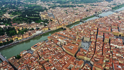 Aerial view of Ponte Vecchio bridge on Arno river 