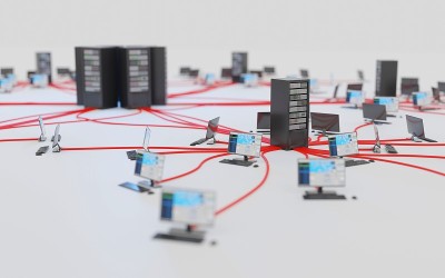 云计算，网络基础设施。计算机工作站连接到数据中心。数字3D渲染概念。