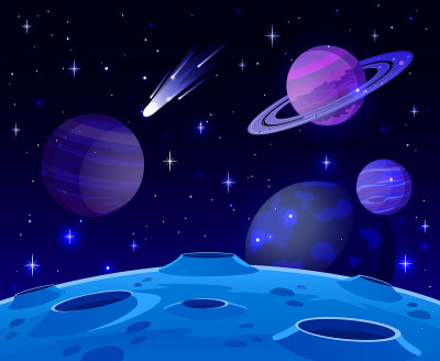 卡通空间景观。宇宙行星表面，未来的天体景观，星系恒星和彗星视图矢量背景插图